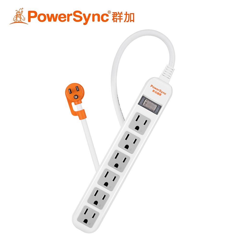 【PowerSync 群加】直立式1開6插延長線-白色 0.9M