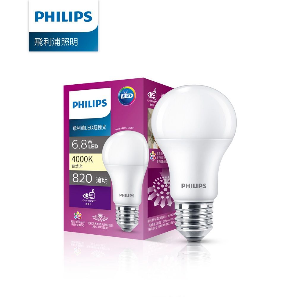 【Philips 飛利浦】超極光真彩版 6.8W/820流明 LED燈泡-自然光4000K (PL02N)