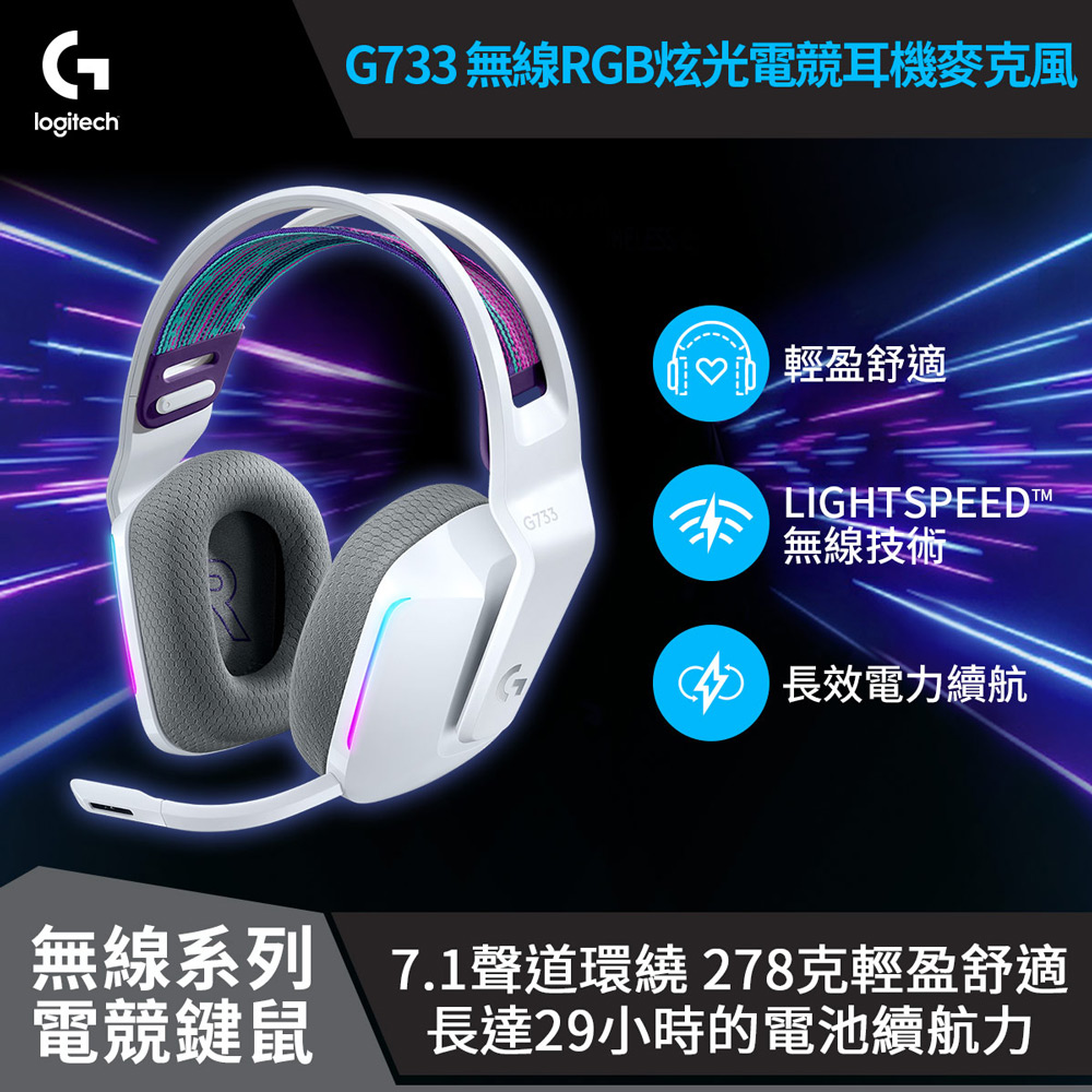 【Logitech 羅技】G733  RGB炫光無線電競耳機麥克風 白