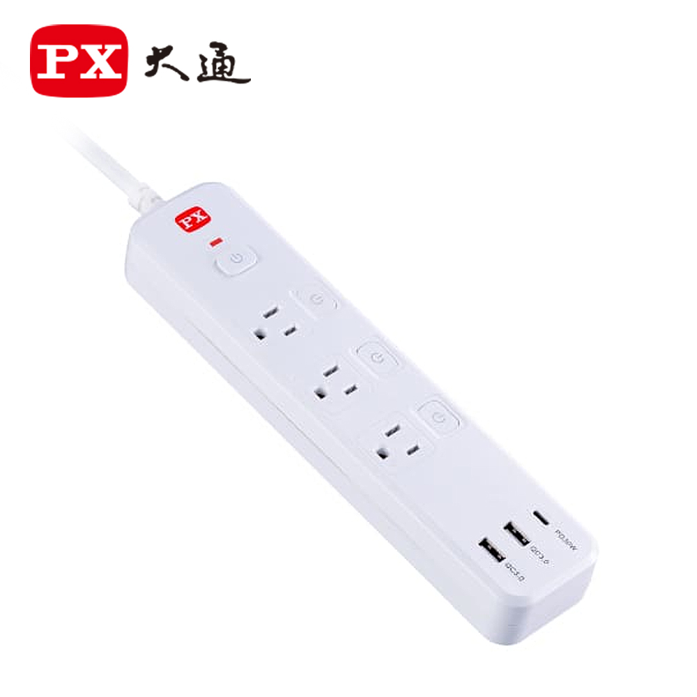 【PX 大通】PEC-343P6W 4切3座6尺USB電源延長線-1.8M