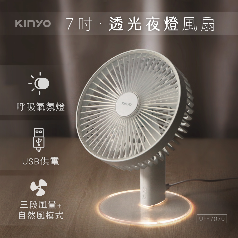 【KINYO】UF-7070 透光夜燈USB風扇