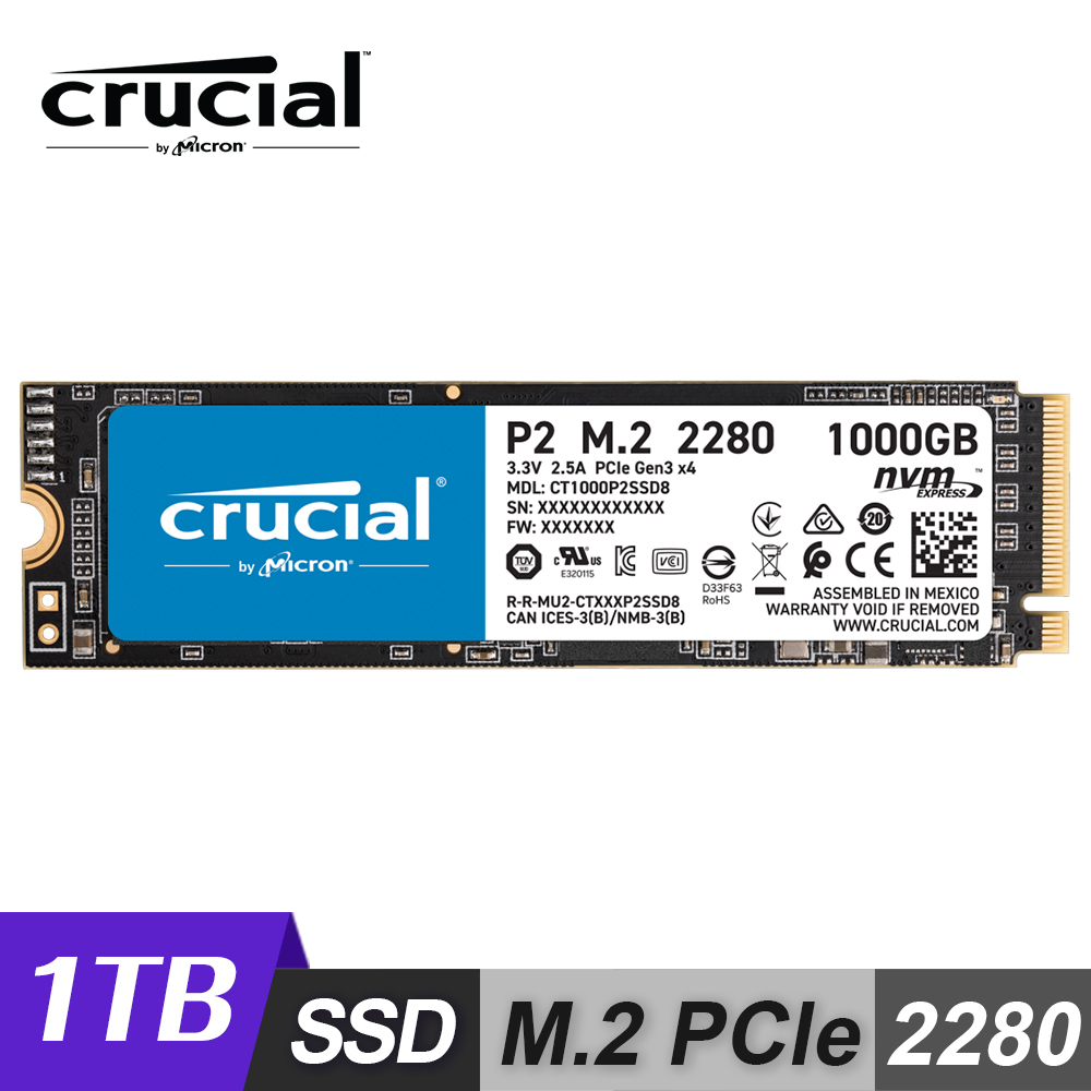【Micron 美光】Crucial P2 1TB PCIe M.2 SSD 固態硬碟
