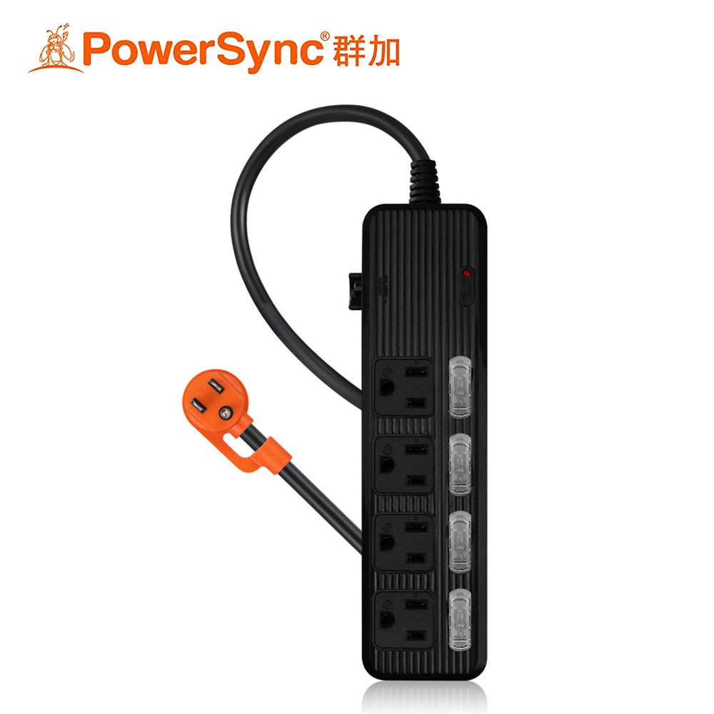 【PowerSync 群加】4開4插防雷擊抗搖擺延長線-1.8M 黑