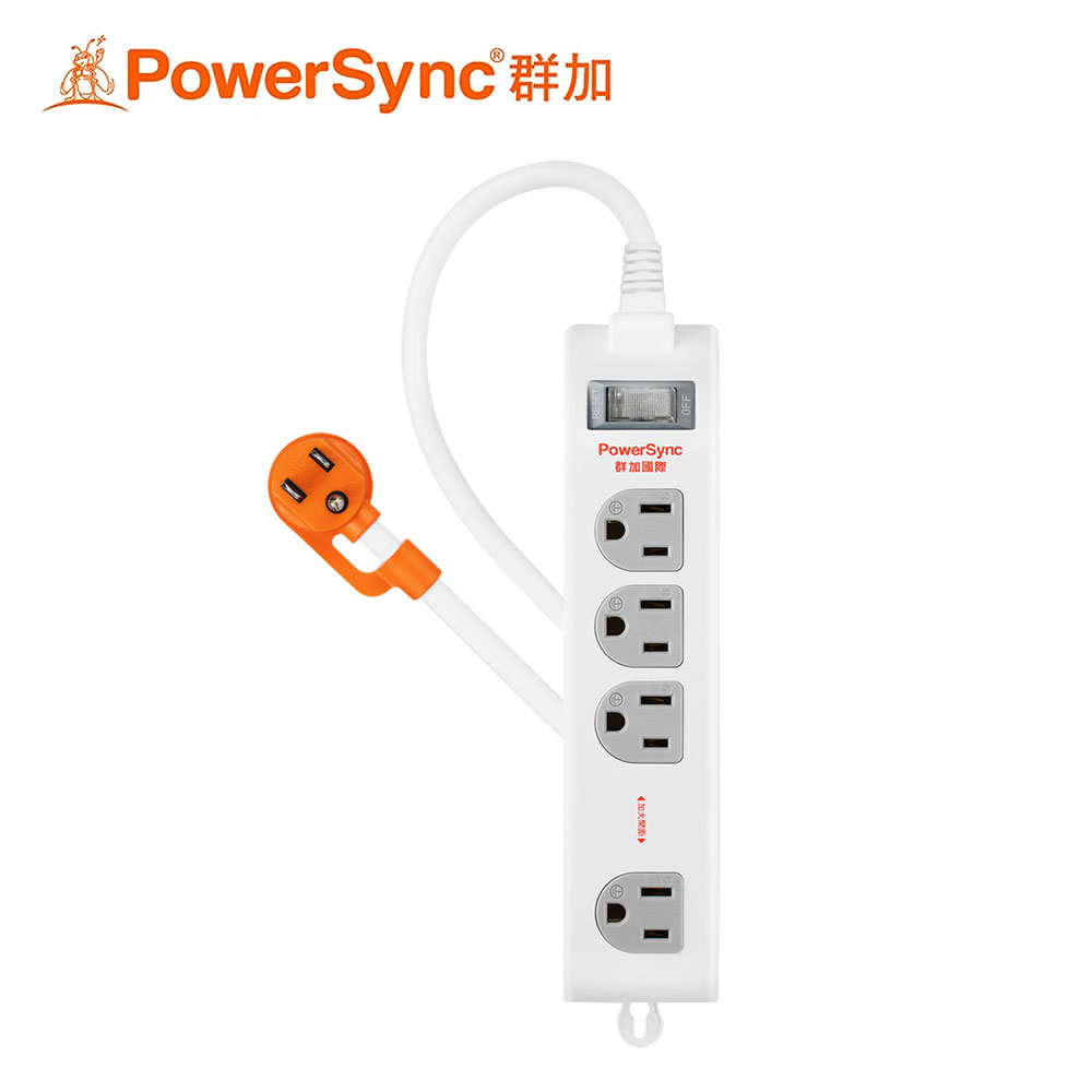 【PowerSync 群加】1開4插加大距離防雷擊延長線-白【固定掛孔】