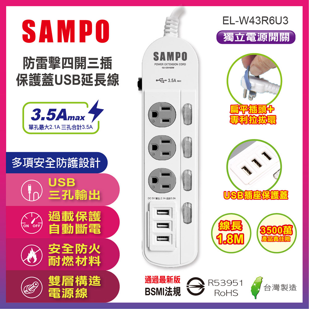 【SAMPO 聲寶】EL-W43R6U3 防雷擊四開三插保護蓋 USB延長線 6尺