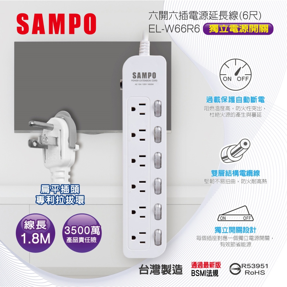 【SAMPO 聲寶】EL-W66R6 六開六插電源延長線 6尺