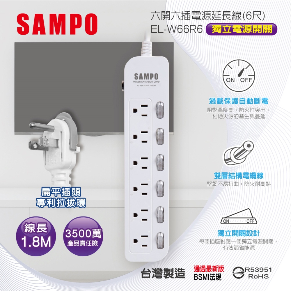 【SAMPO 聲寶】EL-W66R6 六開六插電源延長線 1.8m
