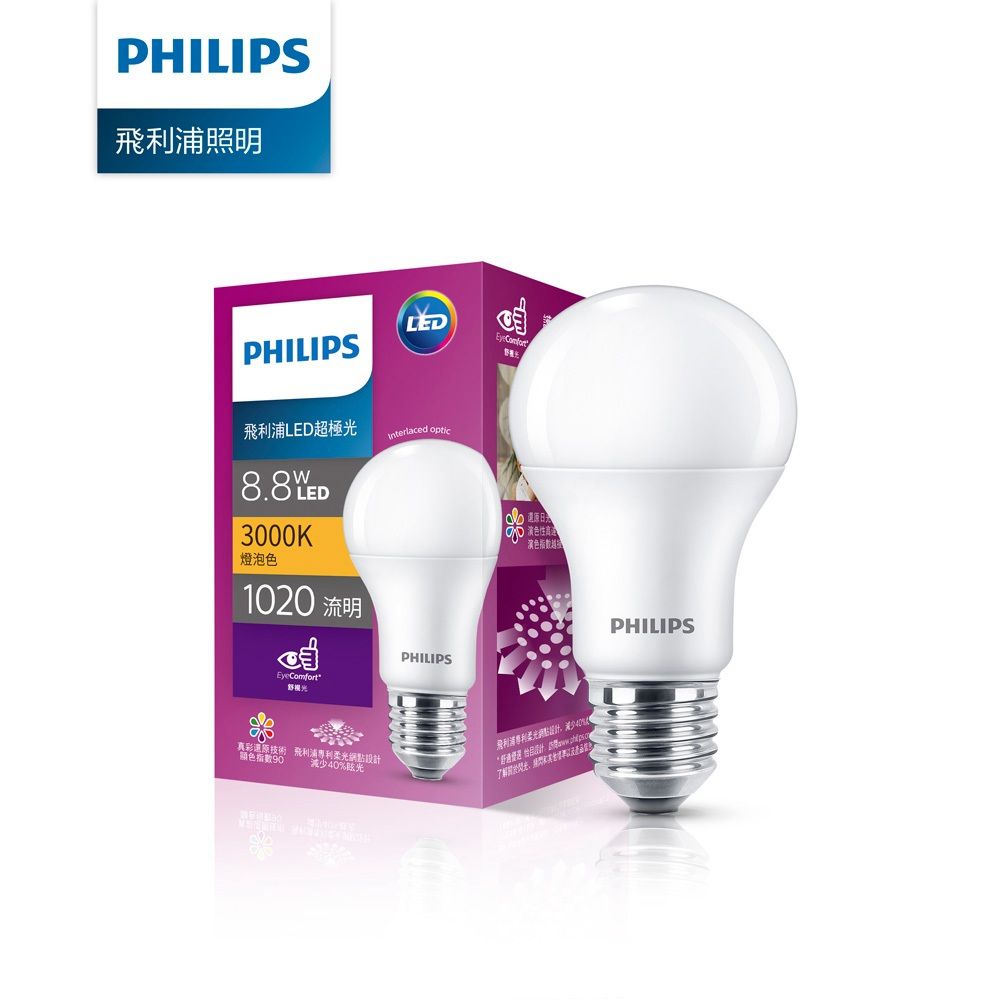 【Philips 飛利浦】超極光真彩版 8.8W/1020流明 LED燈泡-燈泡色3000K (PL04N)
