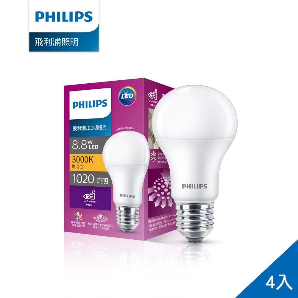 【Philips 飛利浦】超極光真彩版 8.8W/1020流明 LED燈泡-燈泡色3000K (PL04N)-4