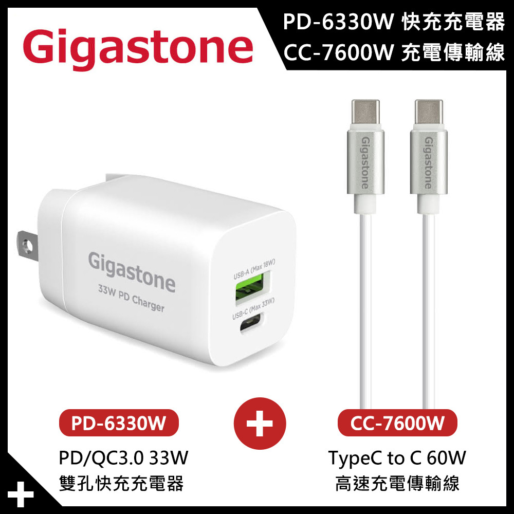 【Gigastone】PD/QC3.0 33W快充充電器+C to C 60W充電傳輸線