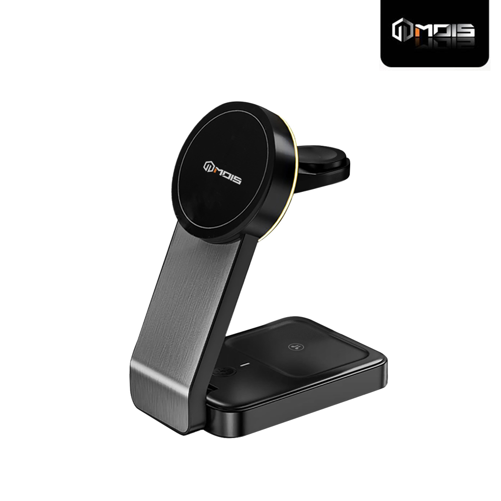 【MOIS】15W 折疊式三合一磁吸無線充電座 黑色