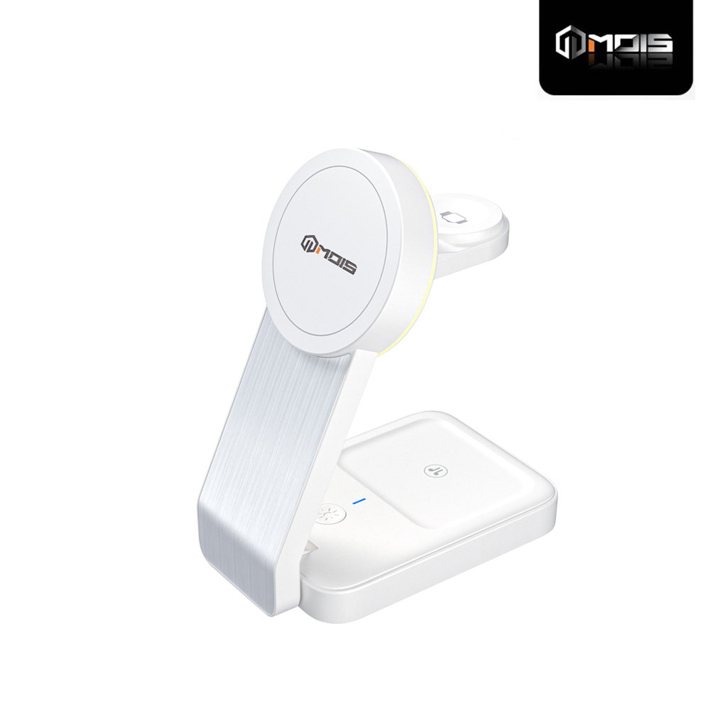 【MOIS】15W 折疊式三合一磁吸無線充電座 白色