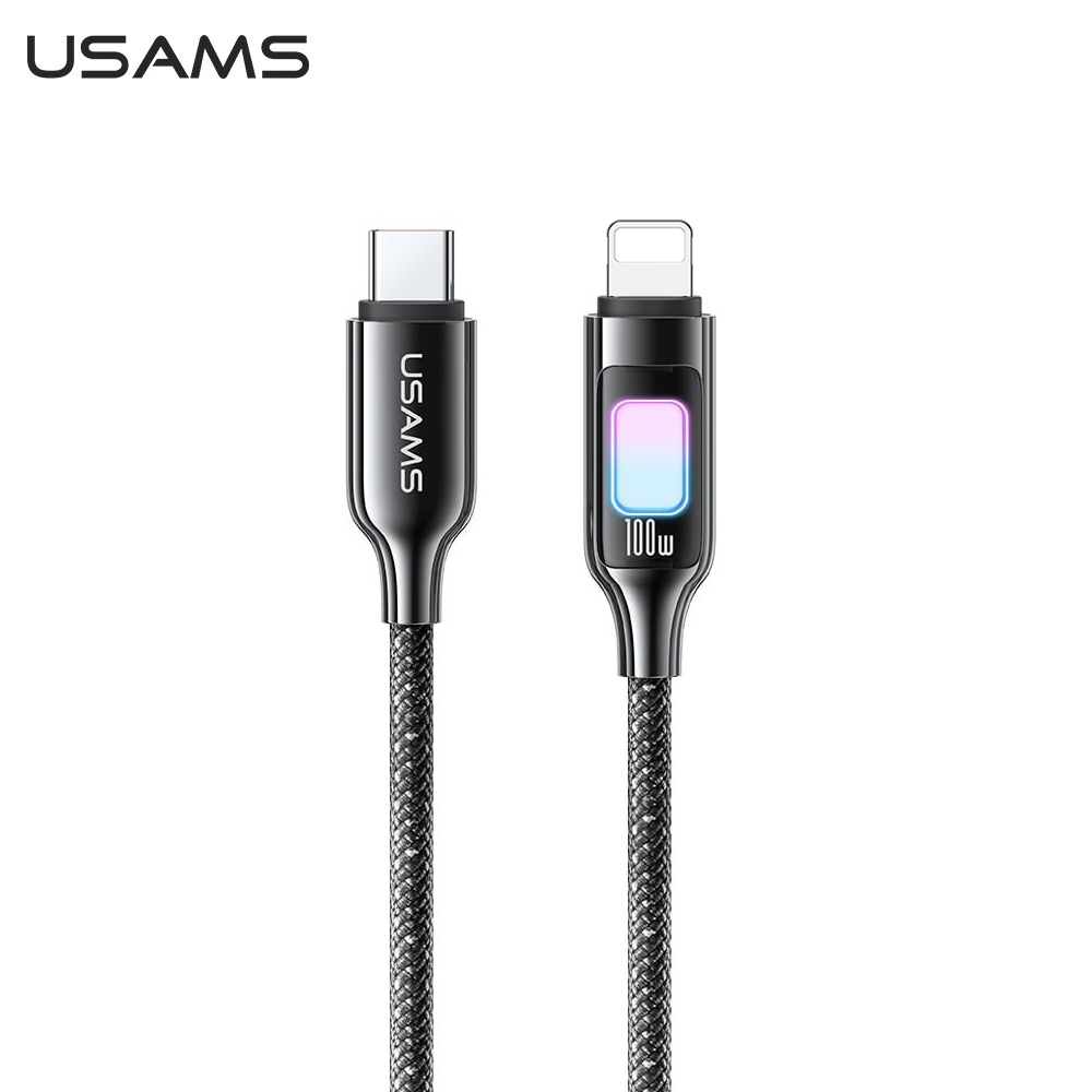 【USAMS】Type-C To Lightning 30W 七彩燈數據線 黑色 1.2M