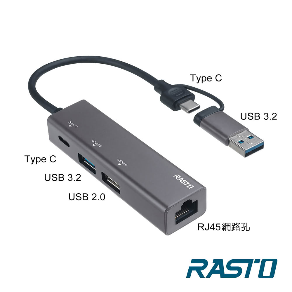 【RASTO】RH12 鋁製 USB3.2 + RJ45 高速網卡集線器