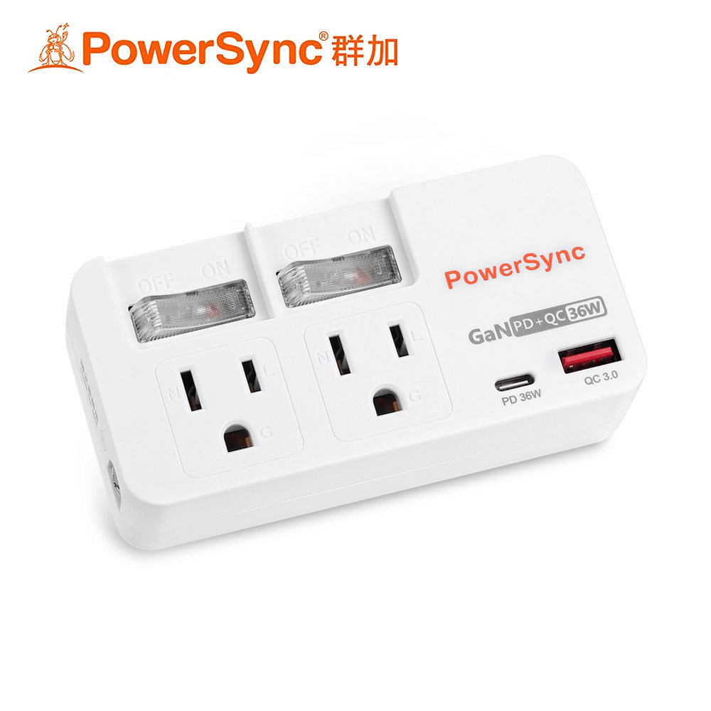 【PowerSync 群加】3P 2開2插PD快充防雷擊壁插-白