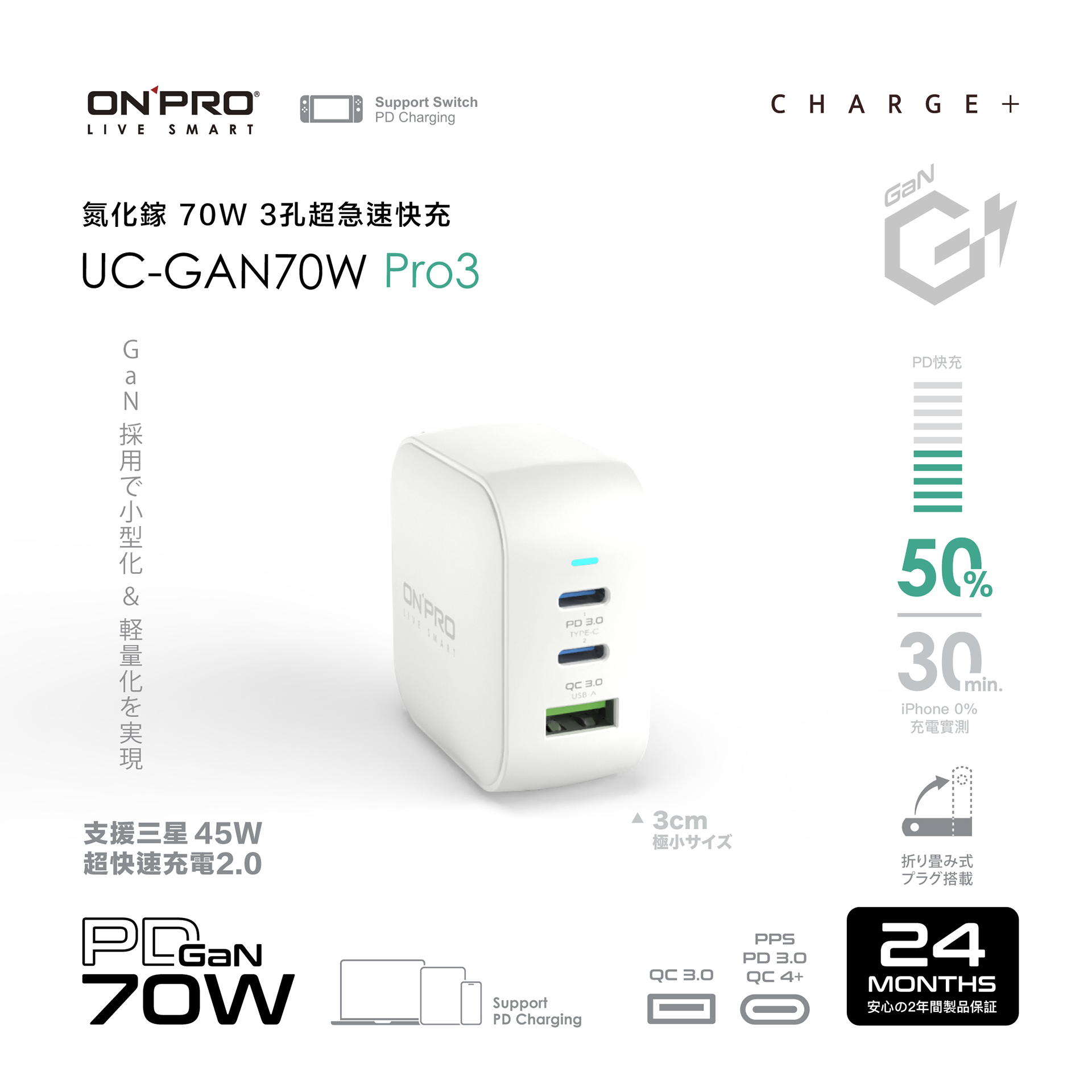 【ONPRO】UC-GAN70W Pro3 GaN 超急速快充｜冰雪白