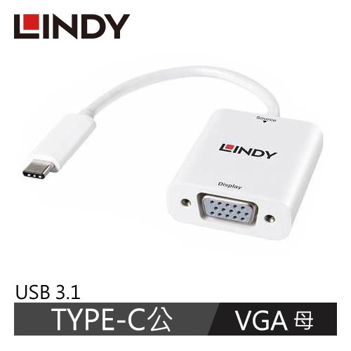 【LINDY 林帝】主動式 USB3.1 TYPE-C公 To VGA母 轉接器 43242