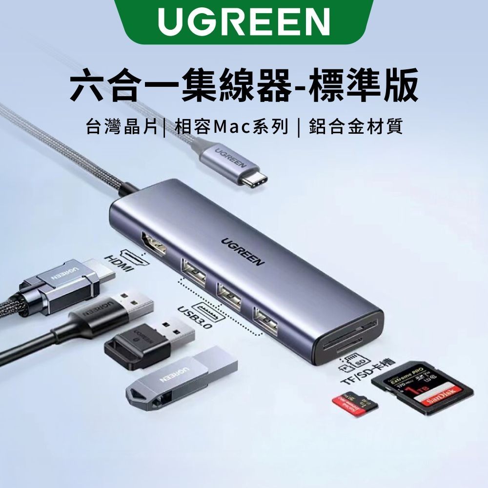 【UGREEN 綠聯】六合一 Type-C 集線器