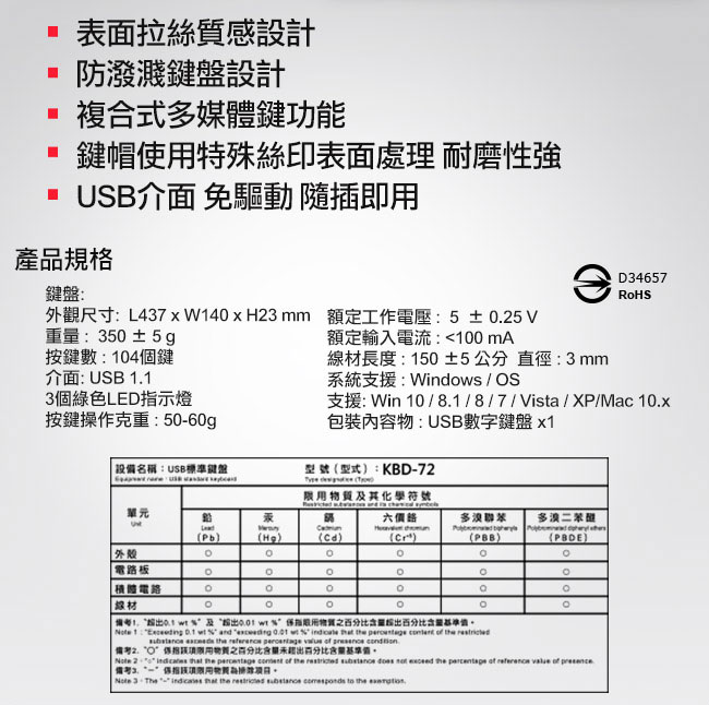 表面拉絲質感設計防潑濺鍵盤設計複合式多媒體鍵功能鍵帽使特殊絲印表面處理 耐磨性強介面 免驅動 隨插即產品規格D4657鍵盤RoHS外觀尺寸L437xW40xH3mm 額定工作電壓:5±0.25V重量:350±5g按鍵數:104個鍵額定輸入電流:100 mA線材長度:150±5公分 直徑:3mm介面: USB 1.13個綠色LED示燈按鍵操作克重:50-60g系統支援:Windows / S支援: Win 10/8.1/8/7/Vta / XP/Mac 10.x物:USB數字鍵盤 x1 設備名稱:USB標準鍵盤型號型式:KBD-72其化學符號   is  單元多聯苯多溴二苯Pb)Cd)()(PBB)外殼()電路板積體電路線材: 及 用 1:     and             the       O用百分比百分比基準。Note 2  that the    the      the  of   of 指限用物質。Note 3 The  that the   comesponds to the