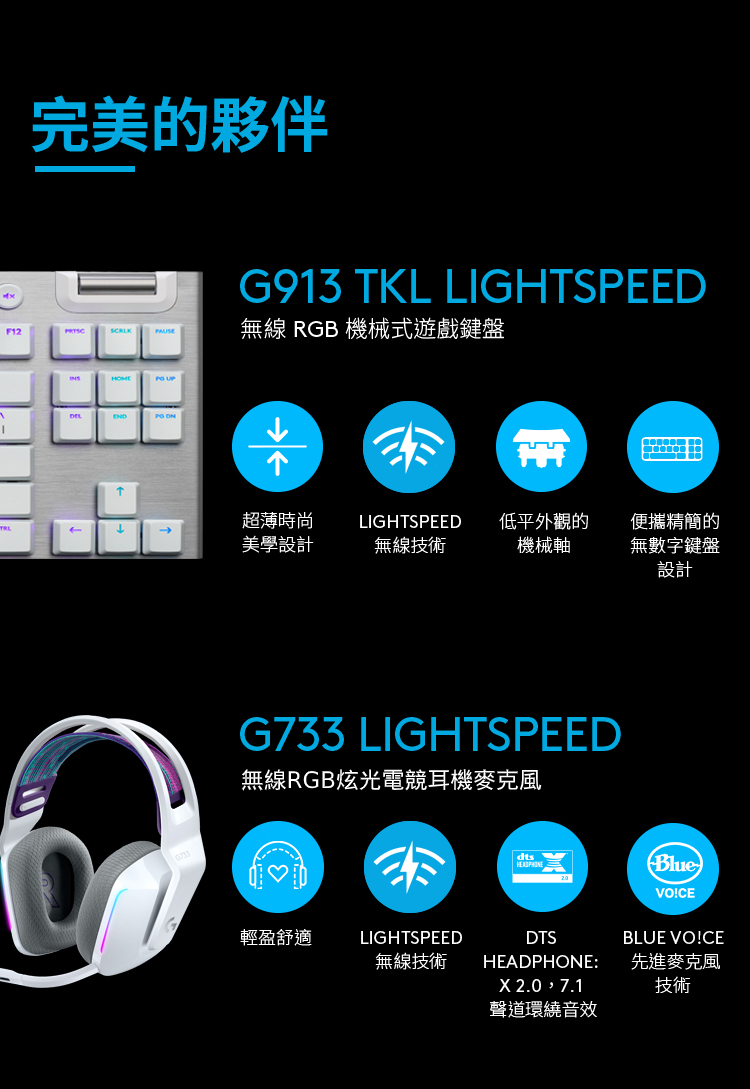 完美的夥伴G93 TKL LIGHTSPEEDF12PAUSE無線 RGB 機械式遊戲鍵盤INSHOME  1超薄時尚LIGHTSPEED↓美學設計無線技術低平外觀的機械軸便攜精簡的無數字鍵盤設計G733 LIGHTSPEED無線RGB炫光電競耳機麥克風dts(Blue)VO!CE輕盈舒適LIGHTSPEED無線技術DTSHEADPHONE: 2.0,7.1聲道環繞音效BLUE VO!CE先進麥克風技術