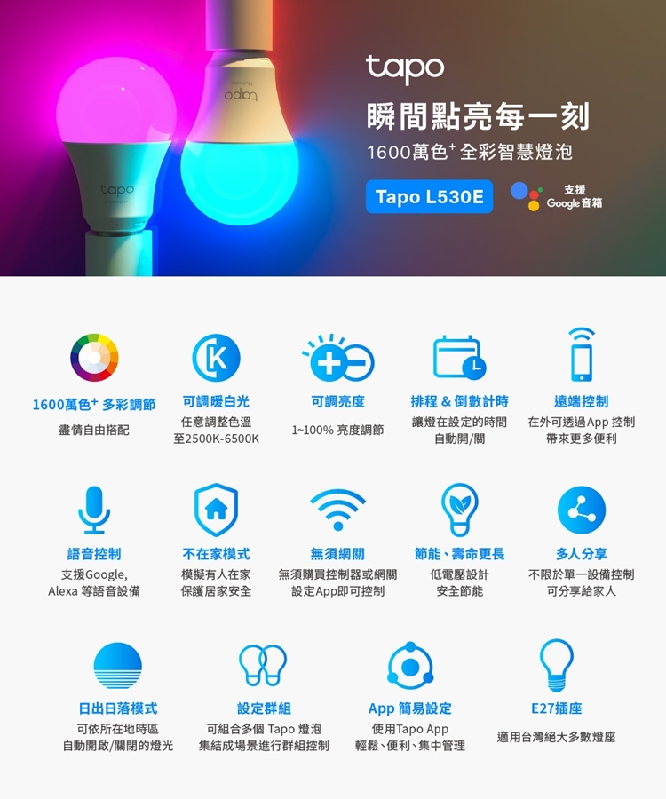 tapoCKtapo瞬間點亮每一刻1600萬色+全彩智慧燈泡Tapo L530E支援Google音箱1600萬色+多彩調節盡情自由搭配可調白光任意調整色溫至2500K-6500K可調亮度1~100% 亮度調節排程&倒數計時讓燈在設定的時間自動開/關遠端控制在外可透過App控制帶來更多便利語音控制不在家模式無須網關節能、壽命更長多人分享支援GoogleAlexa 等語音設備模擬有人在家保護居家安全無須購買控制器或網關設定App即可控制低電壓設計不限於單一設備控制安全節能可分享給家人日出日落模式可依所在地時區自動開啟/關閉的燈光設定群組可組合多個 Tapo 燈泡集結成場景進行群組控制App 簡易設定使用Tapo AppE27插座適用台灣絕大多數燈座輕鬆、便利、集中管理