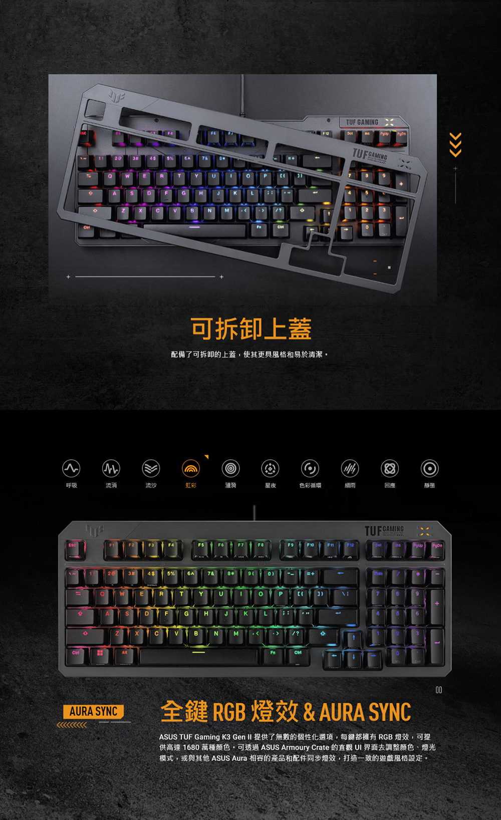 35%EDGN可拆卸上蓋配備了可拆卸的上蓋,使其更具風格和易於清潔TUF GAMINGTUFGAMING呼吸流淌流沙虹彩漣漪星夜色彩循環細雨回應靜態WE7=R TY   PADFGHJKLAURA SYNCM/?CtriTUFGAMING00全鍵 RGB 燈效& AURA SYNCASUS TUF Gaming K3 Gen II 提供了無數的個性化選項,每鍵都擁有RGB燈效,可提供高達 1680 萬種顏色。可透過 ASUS Armoury Crate 的直觀 UI 界面去調整顏色、燈光模式,或與其他 ASUS Aura 相容的產品和配件同步燈效,打造一致的遊戲風格設定。