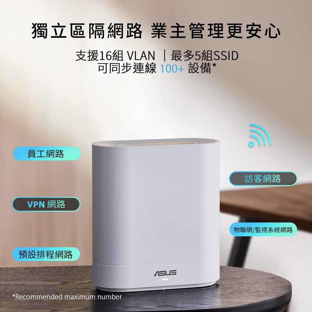 獨立區隔網路 業主管理更安心支援16組 VLAN | 最多5組SSID可同步連線 100+設備員工網路訪客網路VPN 網路預設排程網路*Recommended maximum number物聯網/監視系統網路