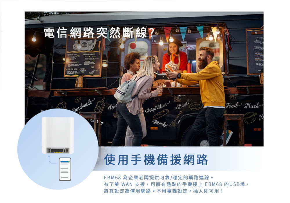 電信網路突然斷線?HandmadeFood 使用手機備援網路EBM68 為企業老闆提供可靠/穩定的網路連線。有了雙 WAN 支援,可將有熱點的手機接上 EBM68 的USB埠,將其設定為備用網路。不用複雜設定,插入即可用!