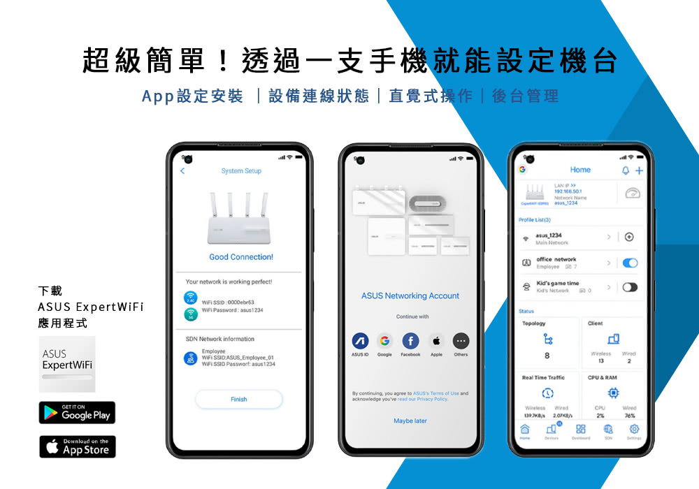 超級簡單透過一支手機就能設定機台App設定安裝設備連線狀態直覺式操作後台管理System SetupGood Connection!HomeLAN   124 List3) 1234 office network Your network is working perfect!8下載 game time  ASUS Networking AccountASUS Expert 應用程式 0000ebr63WiFi Password StatusContinue withClientASUSExpertWiFiGET IT ON PlayDownload on theApp StoreSDN Network informationE SSID ASUSEmployee01mployee SSID  asus1234FinishGASUS GoogleFacebook AppleOthersy continuing you agree to ASUSs Terms of Use andacknowledge youve read our Privacy PolicyMaybe later8 132Real Time   RAM CPU/2%B88
