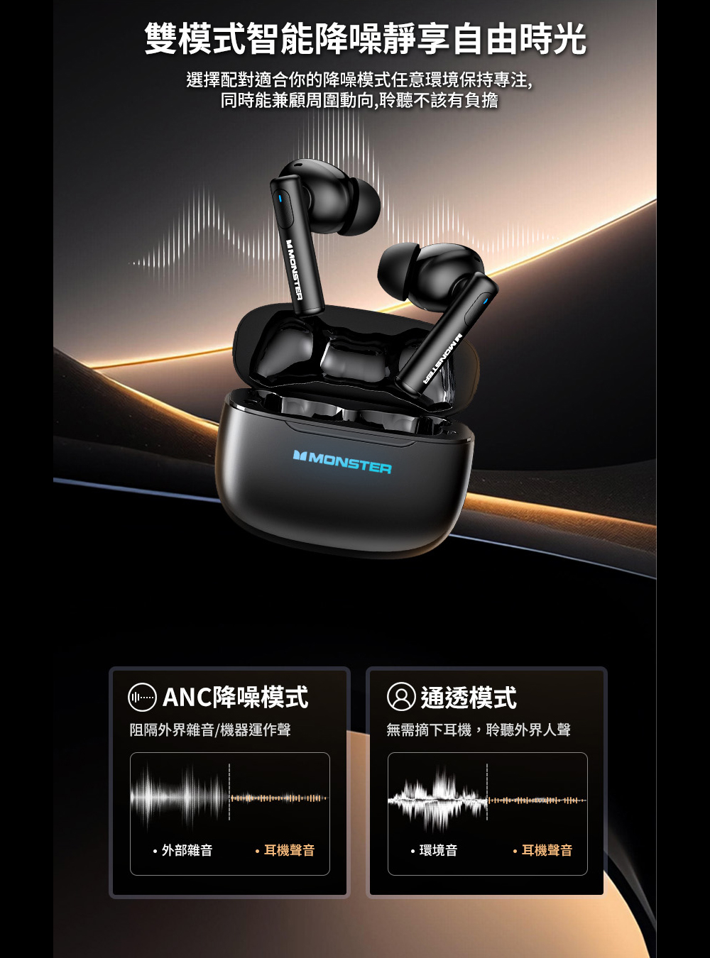 雙模式智能降噪靜享自由時光選擇配對適合你的降噪模式任意環境保持專注,同時能兼顧周圍動向,聆聽不該有負擔MONSTERMMONSTERM MONSTER無需摘下耳機,聆聽外界人聲降噪模式通透模式阻隔外界雜音/機器運作聲外部雜音耳機聲音環境音・耳機聲音