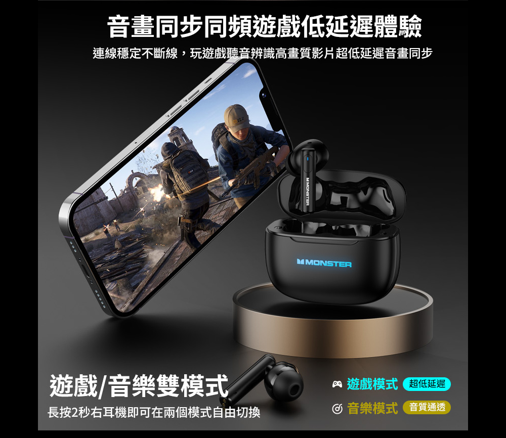 音畫同步同頻遊戲低延遲體驗連線穩定不斷線,玩遊戲聽音辨識高畫質影片超低延遲音畫同步遊戲/音樂雙模式長按2秒右耳機即可在兩個模式自由切換MMONSTER遊戲模式 超低延遲音樂模式 音質通透
